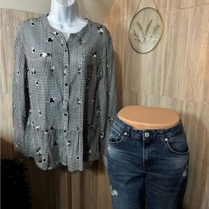 Ruff Hewn Navy Blue & White Gingham Floral Button-Front Blouse
